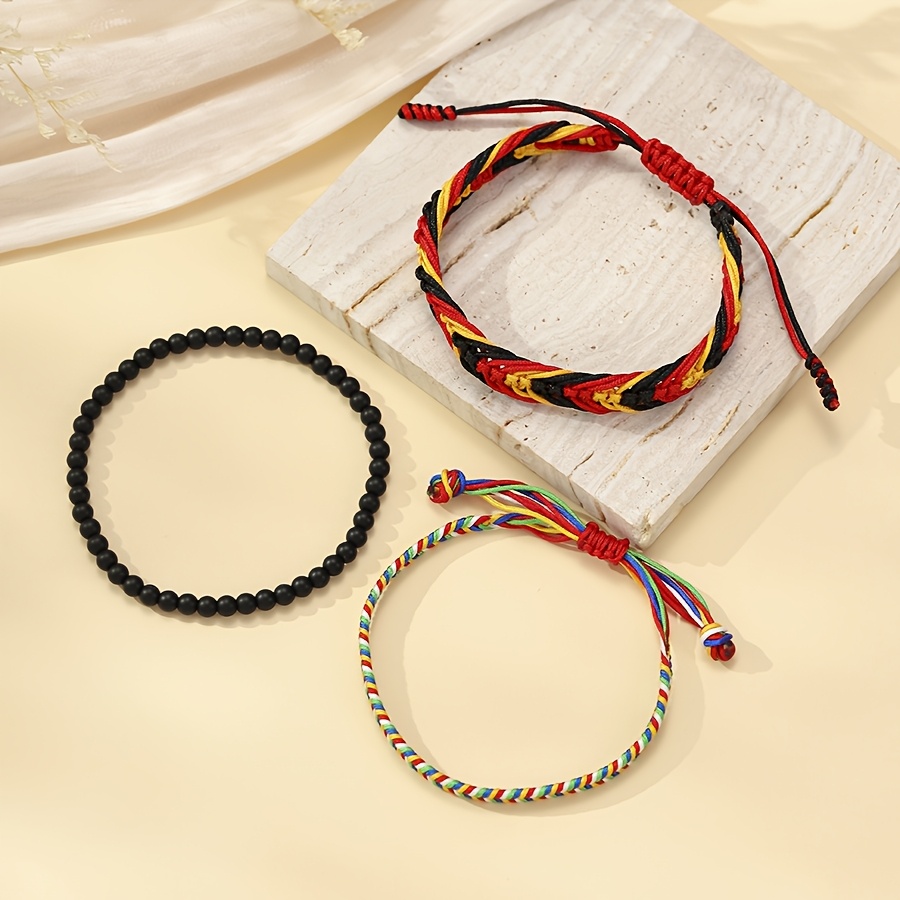 3pc Vintage Braided Rope Bracelet Set for Men, Black Wooden Beads